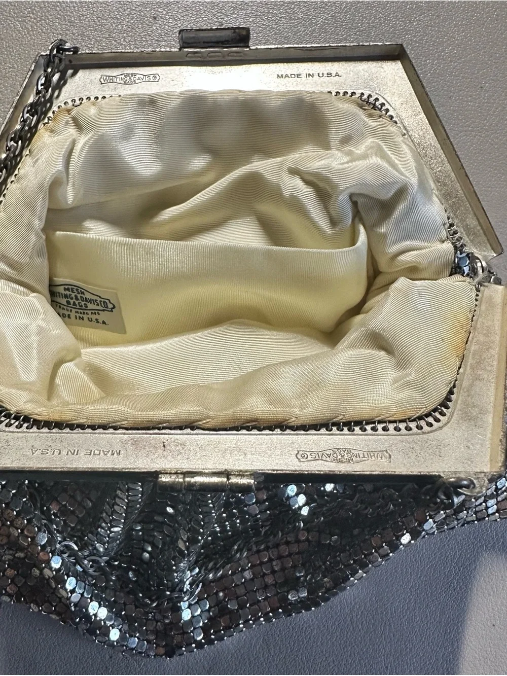 Whiting & Davis Vintage Silver Sequin Chain Wristlet Clutch